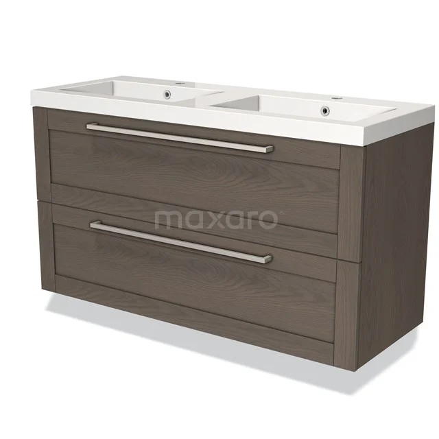 Wooden vanity units with basin, modern design, two drawers, dark brown veneer and metal handles.