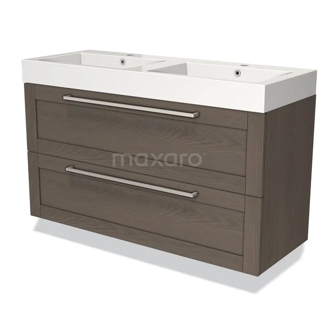Houten badkamermeubel met dubbele wastafel, twee lades en moderne handgrepen, ideaal voor een stijlvolle badkamer inrichting.
