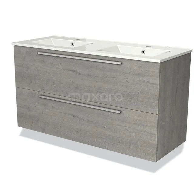 Grijze houten badkamermeubel met twee wastafels, dubbele lades en moderne handgrepen, ideaal voor ruime badkamers.