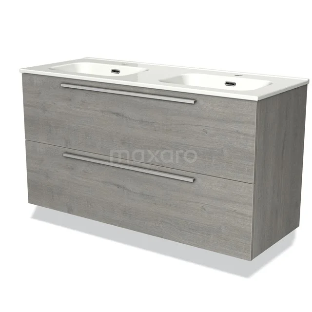 Modern grey bathroom furniture set with double basin and wood look, ideal for a stylish and practical bathroom space.