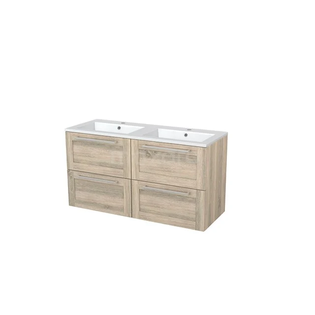 Modulo+ Bathroom furniture with sink | 120 cm Oak Frame front Mineral marble 4 drawers BMP005647 Wooden bathroom unit with double basin, light oak finish, four drawers, modern design for stylish bathrooms.