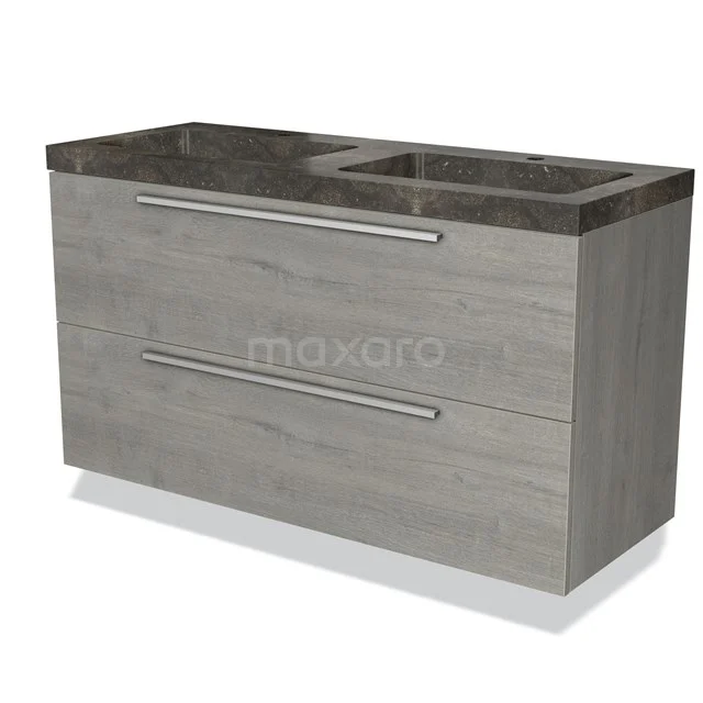 Grijs eiken badkamermeubel met twee lades en een donker stenen wastafel, modern design voor stijlvolle badkamers.