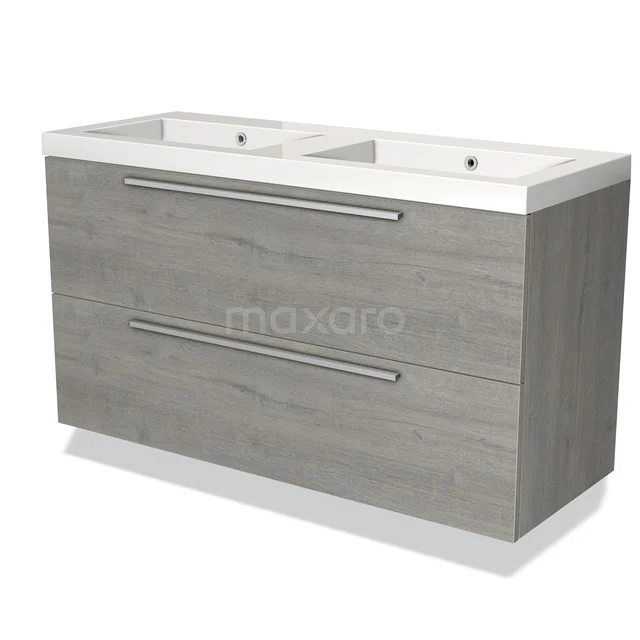 Grijze houten badkamermeubel met dubbele wastafel en strakke chromen handgrepen, ideaal voor moderne badkamers.