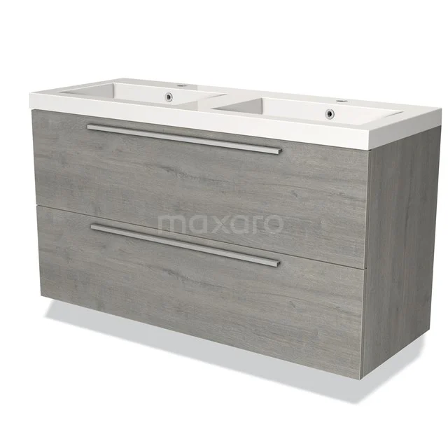 Double basin with wood-look bathroom unit in grey, fitted with two drawers and modern metal handles.