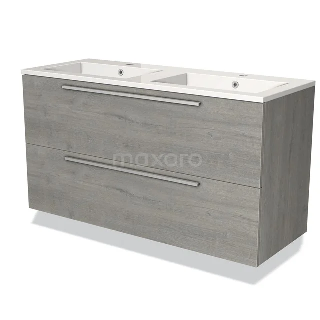 Grijze houten badkamermeubel met dubbele wastafel, moderne minimalistische look, ideaal voor stijlvolle badkamer inrichting.