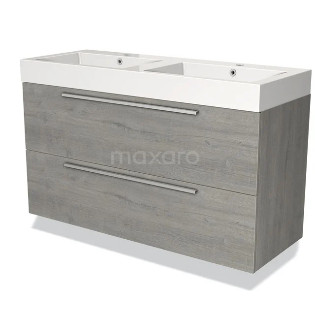 Moderne grijze badkamermeubelset met dubbele wastafel, houtlook afwerking en slanke metalen handgrepen.