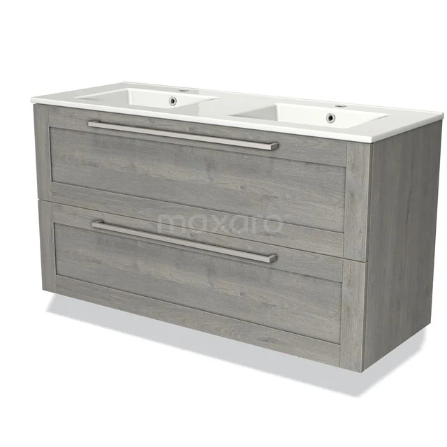 Bathroom unit wood-look double basin light grey, two drawers with basin, modern design.