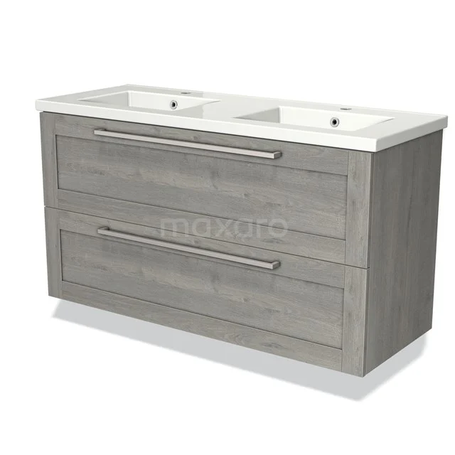 Grey wooden bathroom furniture set with double basin, modern look and practical drawers for storage space.