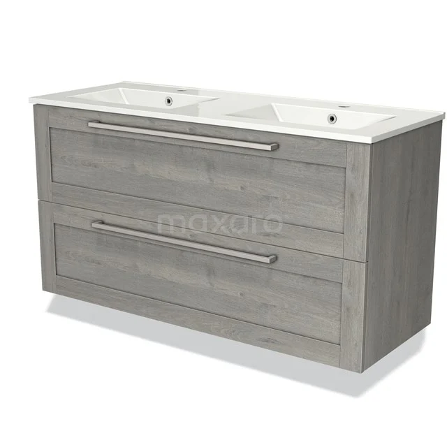 Doppelwaschbeckenunterschrank in hellgrau Holzoptik, mit breiten Schubladen und modernen Haltegriffen, perfekt für ein stilvolles Badezimmer.