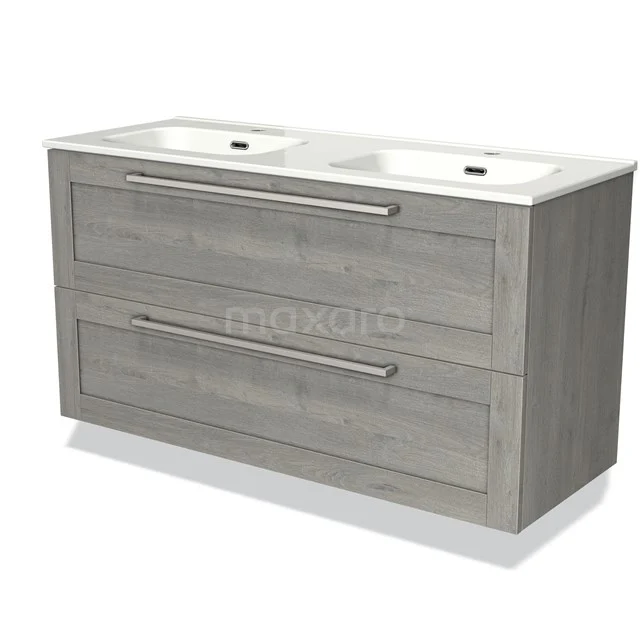 Houten badkamermeubel met dubbele wasbak, lichtgrijze afwerking, moderne lades en strak design voor een stijlvolle badkamer.