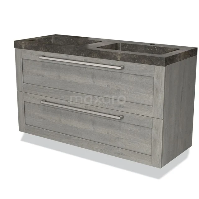 Houten badkamermeubel met donker marmeren blad, 2 lades met metalen handgrepen, stijlvol en functioneel voor moderne badkamers.