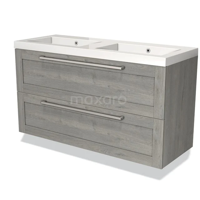 Graues Holz Doppelwaschbeckenmöbel mit zwei Schubladen und keramischen Waschbecken, ideal für ein modernes Badezimmer.