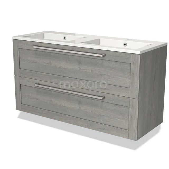Houten badkamermeubel met dubbele wastafel, moderne grepen en grijze afwerking voor een stijlvol en praktisch badkamerdesign.