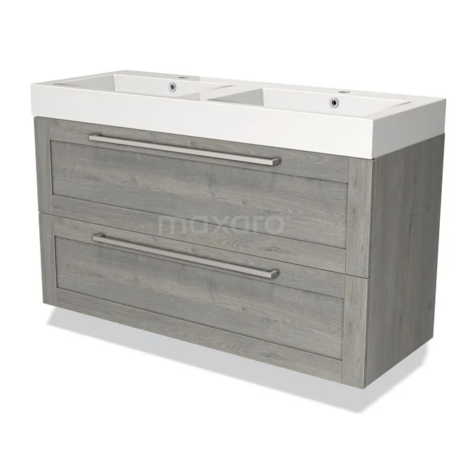 Grijze badkamermeubelset met dubbele wastafel, houtlook afwerking en strakke handgrepen, perfect voor moderne badkamers.