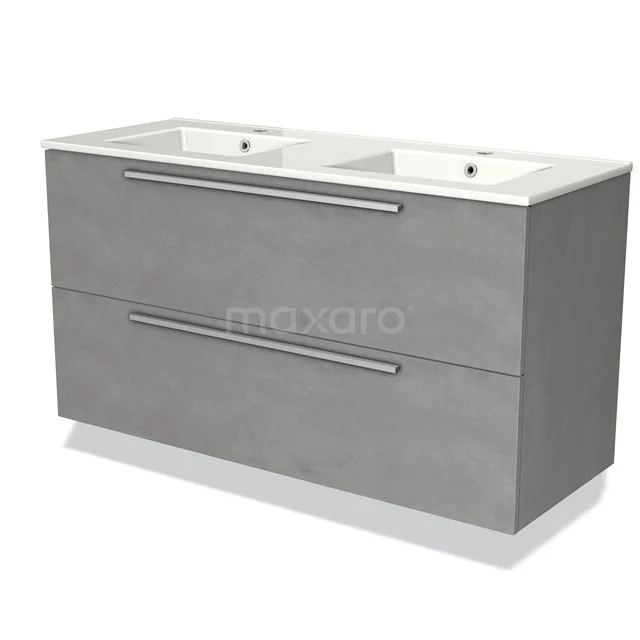 Grey bathroom furniture set with double basin, sleek design, A matte finish and metal handles.