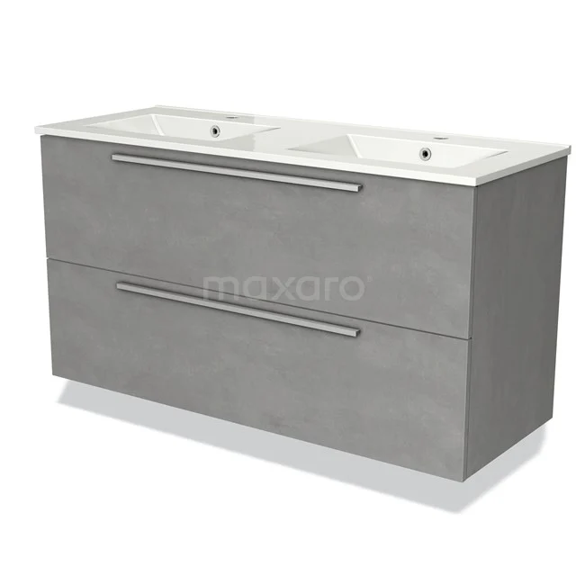 Grijze dubbele wastafelonderkast met strakke lijnen, modern design en twee laden, ideaal voor een stijlvolle badkamer.
