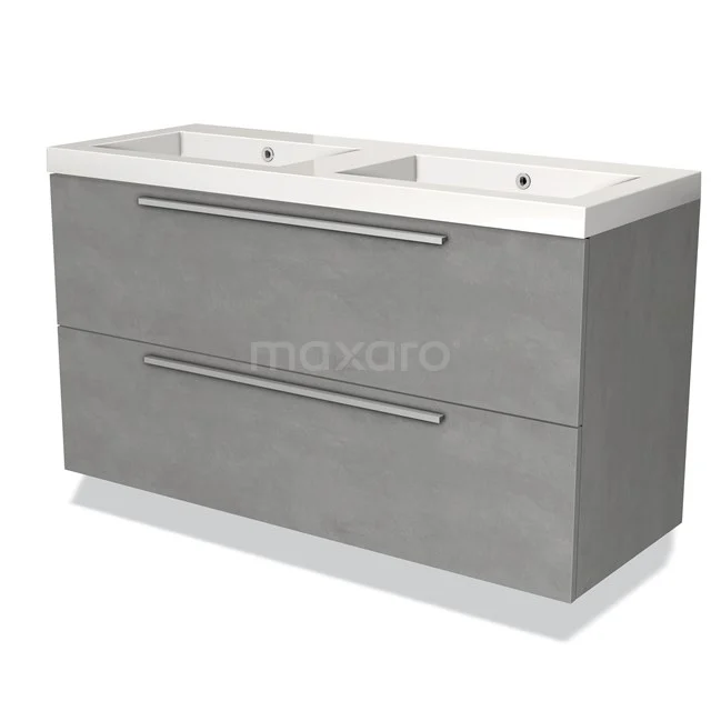 Grijze badkamermeubelset met dubbele wastafel, betonlook afwerking en metalen handgrepen, ideaal voor moderne badkamers.