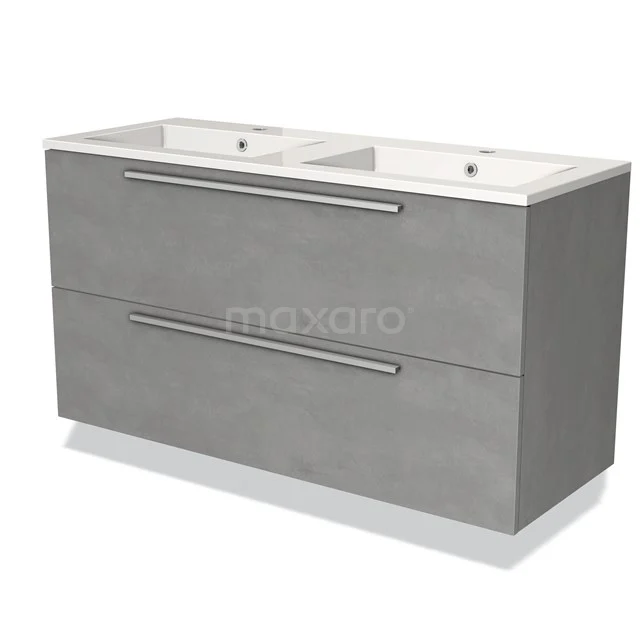 Grijze badkamermeubelset met dubbele wastafel, modern design, betonlook afwerking en ingebouwde lades voor extra opbergruimte.