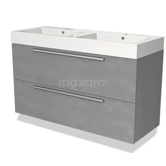 Grijze badkamermeubelset met dubbele wastafel, modern design, met gladde lades en metalen handgrepen, ideaal voor ruime badkamers.