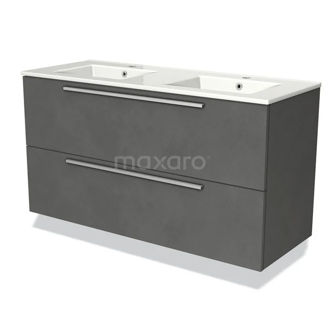 Grey bathroom furniture set with double basin, two drawers and sleek metal handles; modern design in durable materials.