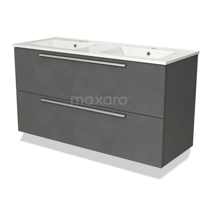 Grijze badkamermeubel met dubbele wastafel, strak design, metalen handgrepen en ruime opbergmogelijkheden.