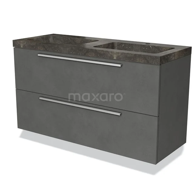 Grijs badkamermeubel met dubbele lade, strakke handgrepen en donker marmeren wastafelblad, ideaal voor moderne badkamers.
