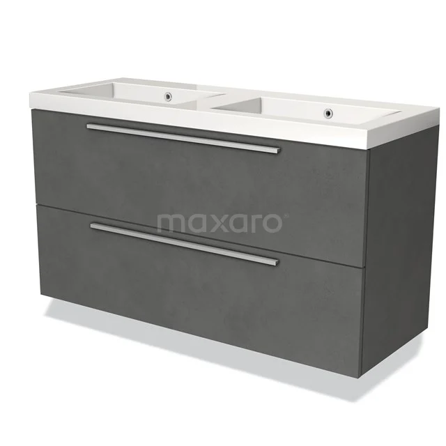 Donkergrijze dubbele wastafelmeubel, serie Modern Luxe, met twee lades en strakke metalen handgrepen voor een stijlvolle badkamer.