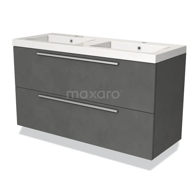 Donkergrijze dubbele wastafel met lades, strakke handgrepen en modern design, ideaal voor een stijlvolle badkamer.