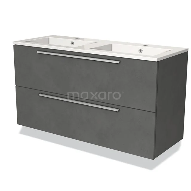 Donkergrijze dubbel wastafelmeubelset met twee ruime lades, mat afgewerkt, ideaal voor moderne badkamers.