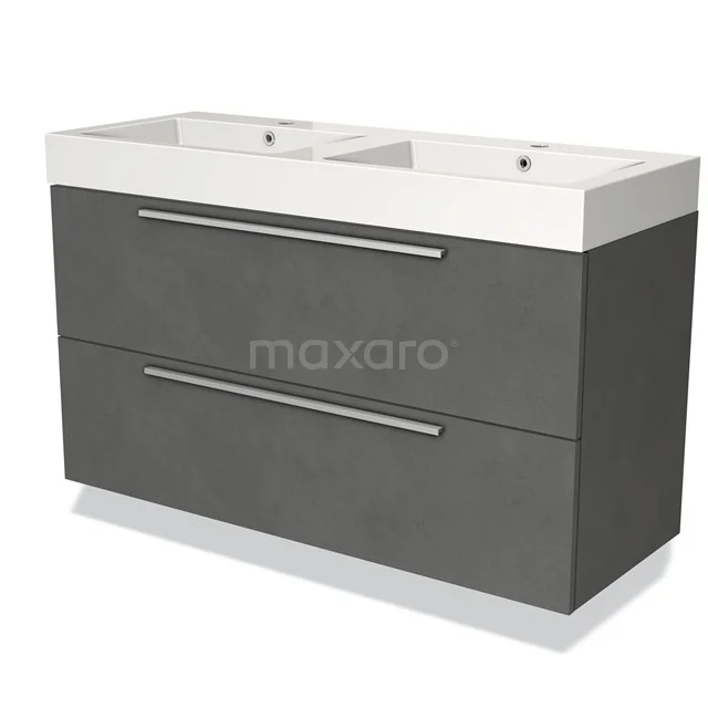 Grijze badkamermeubel met dubbele wastafel, strak design, twee ruime lades, ideaal voor moderne badkamers.
