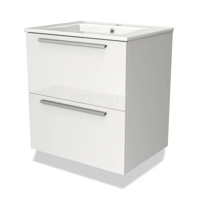 Wit badkamermeubel met twee lades en ingebouwde wastafel, moderne glansafwerking en chroomkleurige handgrepen.