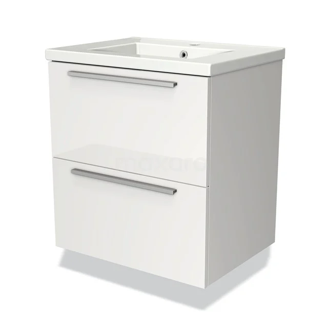 Wit badkamermeubel met ladegrepen, modern design, inclusief geïntegreerde wastafel, ideaal voor compacte badkamers.