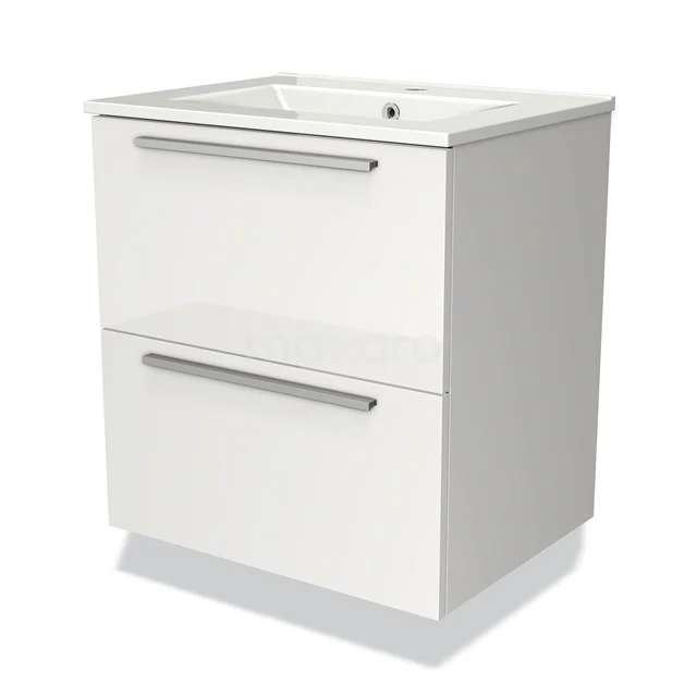 Witte badkamerkast met twee lades, modern design, glanzend afwerking en geïntegreerde wastafel. Perfect voor opbergruimte.