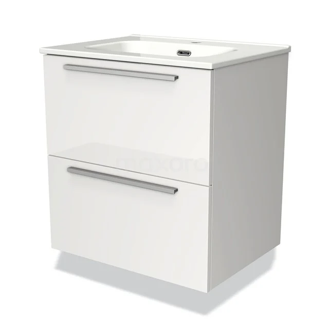 Weißes Badezimmermöbel mit zwei Schubladen, modernem Aussehen, Chromgriffen und eingebautem Waschbecken aus Keramik.