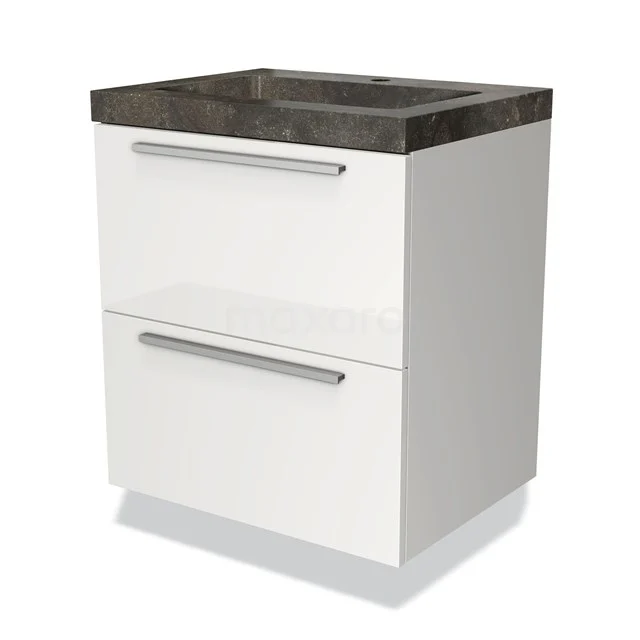 Weißes Badezimmermöbel mit zwei Schubladen, mattschwarze Marmorlook Waschtischplatte, modernes Design aus nachhaltigen Materialien.