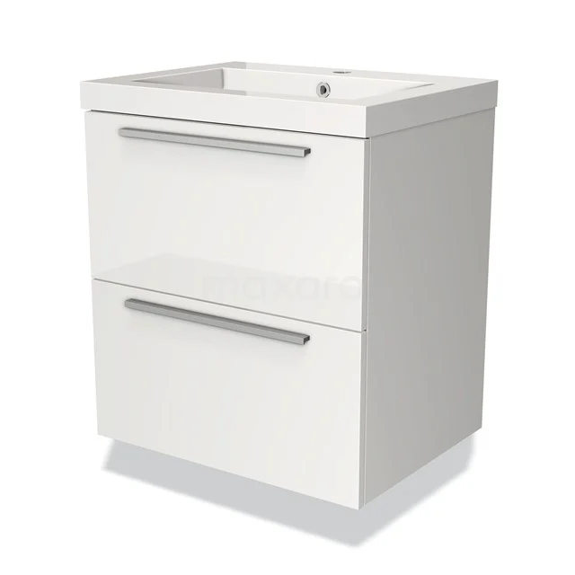 Wit badkamermeubel met twee lades, strak design en chromen handgrepen, geschikt voor moderne badkamerinrichting.