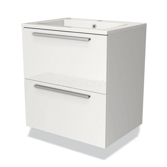 White bathroom unit with two drawers, angular design and metal handles, ideal for modern bathroom design.