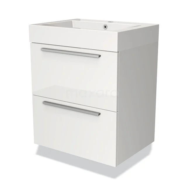 Wit badkamermeubel met twee lades en chromen grepen, strak design, perfect voor een moderne badkamerstijl.