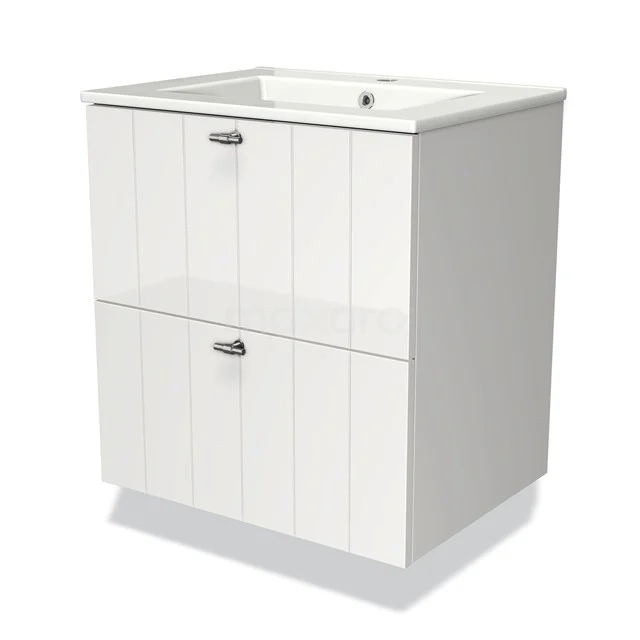 Wit badkamermeubel met twee lades, houtlook fronten en ingebouwde wastafel, ideaal voor stijlvolle en praktische badkameropslag.