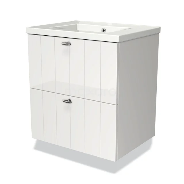 Wit houten badkamermeubel met twee soft-close lades, geïntegreerde wastafel en verticale groeven voor een moderne badkamerstijl.