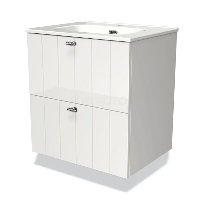 Wit badkamermeubel met twee lades, verticale panelen en chromen grepen, inclusief geïntegreerde wastafel.