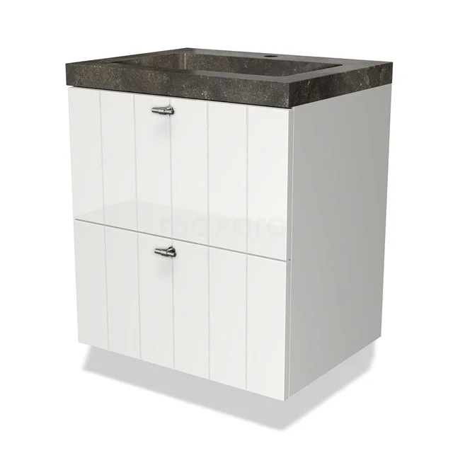 Wit badmeubel met twee lades, houtlook wastafelblad en zwarte waskom, perfect voor een moderne badkamer.
