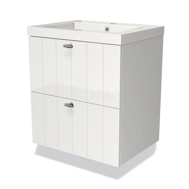 Weißes Badezimmermöbel mit 2 Schubladen, Holzlamellenpaneel und metallischen Haltegriffen, ideal für Stauraum im Badezimmer.