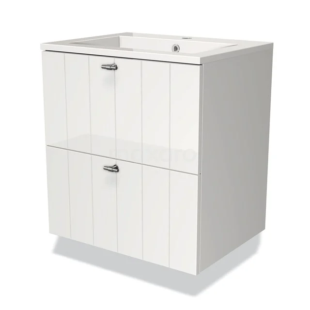Wit badkamermeubel met twee lades en paneeldeuren, modern design, ideaal voor opbergruimte in de badkamer.