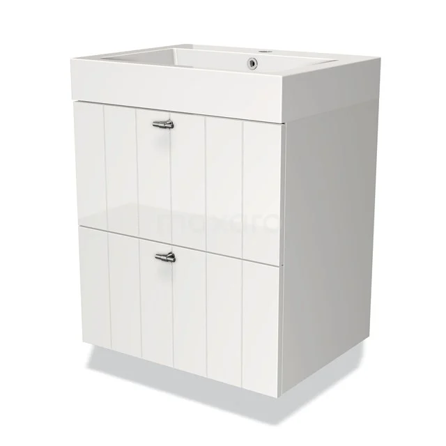 White bathroom unit with rustic panels, two drawers and metal handles, ideal as a stylish storage solution for the bathroom.