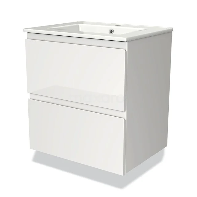 Wit badkamermeubel met twee lades, modern design en keramische wastafel, ideaal voor stijlvolle badkamerinrichting.