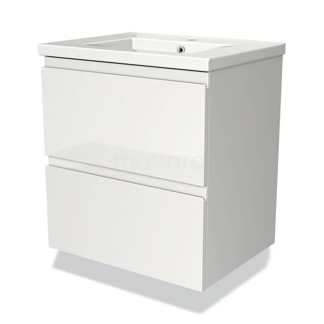 Witte badkamermeubelset met twee ladekasten en keramische wastafel, modern design, ideaal voor compacte badkamerinrichtingen.