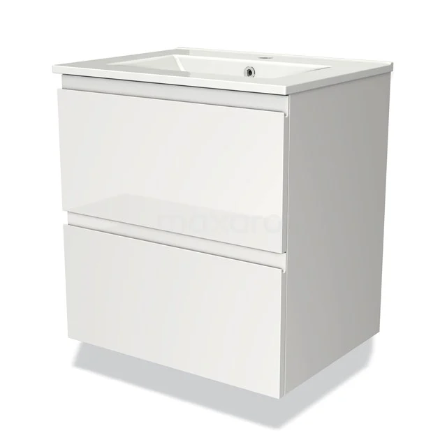Wit badkamermeubel met dubbele lades, hoogglans afwerking en geïntegreerde wastafel, perfect voor moderne badkamerinrichting.