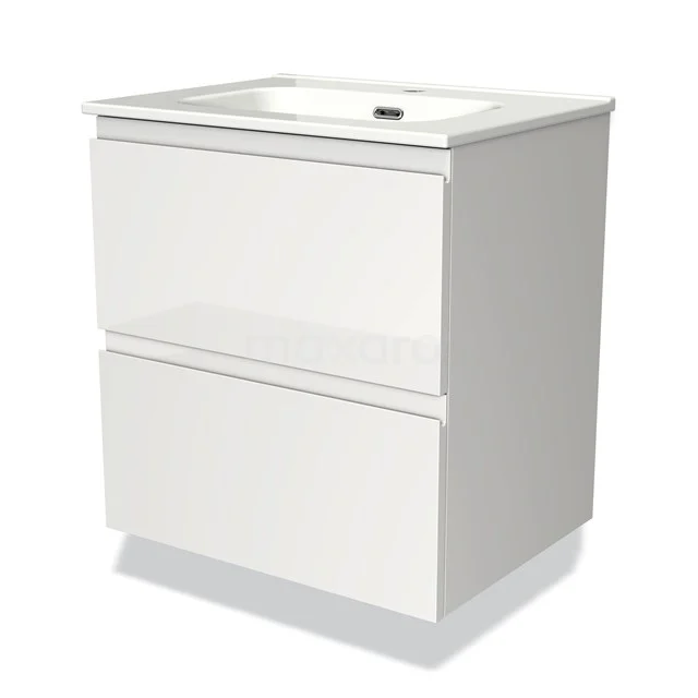 Wit hangend badkamermeubel met twee lades, glanzende afwerking en ingebouwde keramische wasbak, modern design.