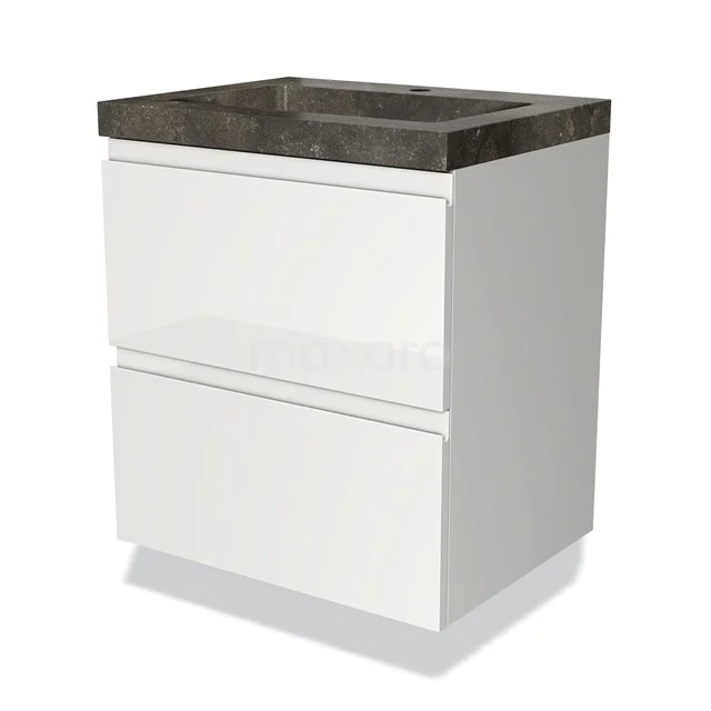 Weißes Badmöbel mit zwei Schubladen, schwarzem Marmor-Waschbecken und modernem Finish, ideal für stilvolle Badezimmergestaltung.